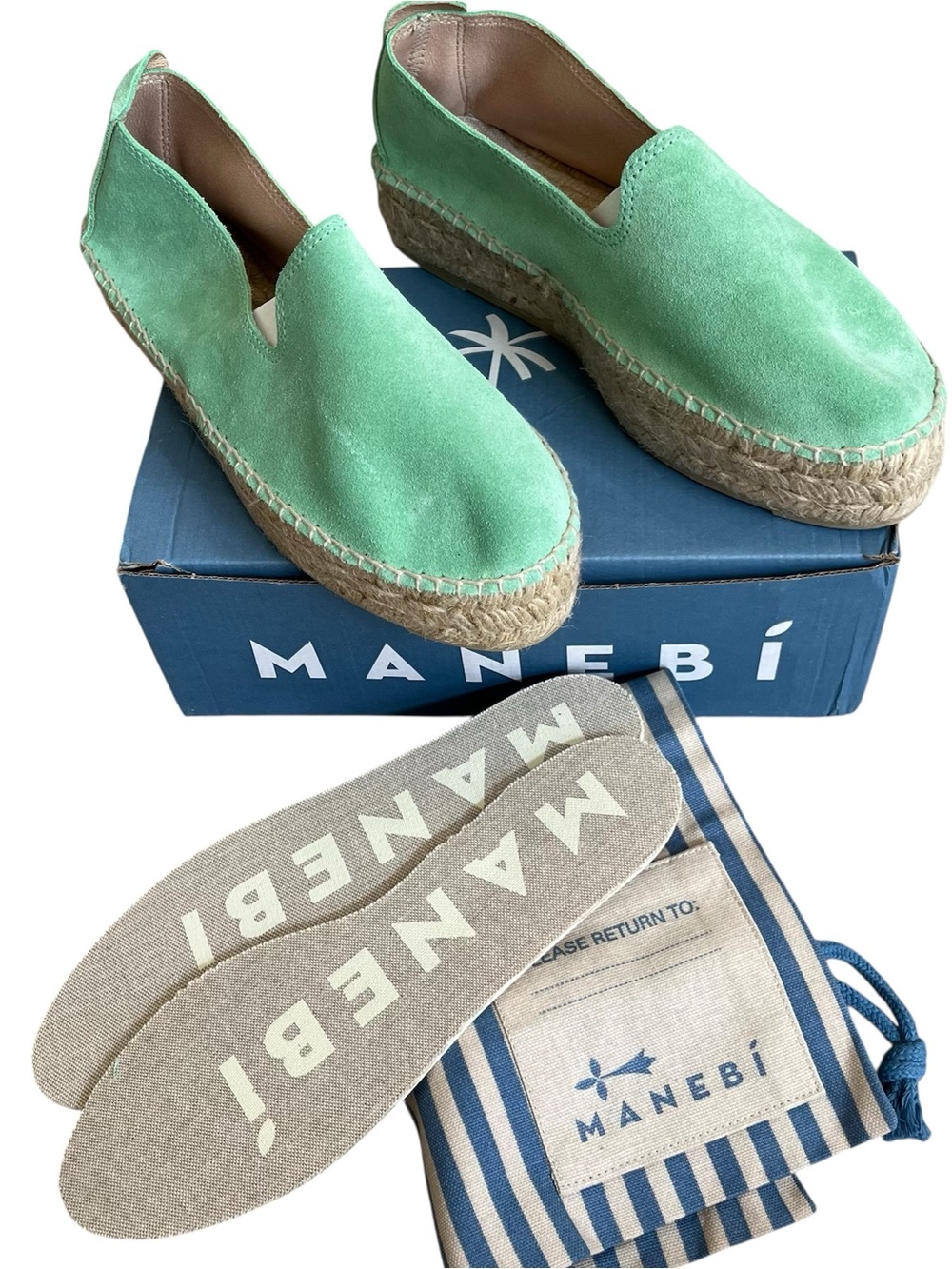 MANEBÍ Hamptons Suede Double Sole Espadrilles Shoe Pastel Mint EU 39 NIB Coastal